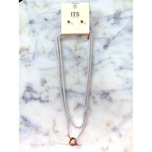 ITS sense White Enamel Double Box Chain Faux Clasp Pendant Earring Set NWT